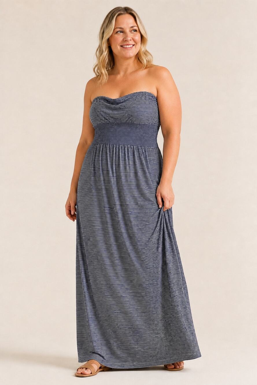 Lark + Grey L/XL Navy White Striped Smocked Cowl Neck Maxi Dress